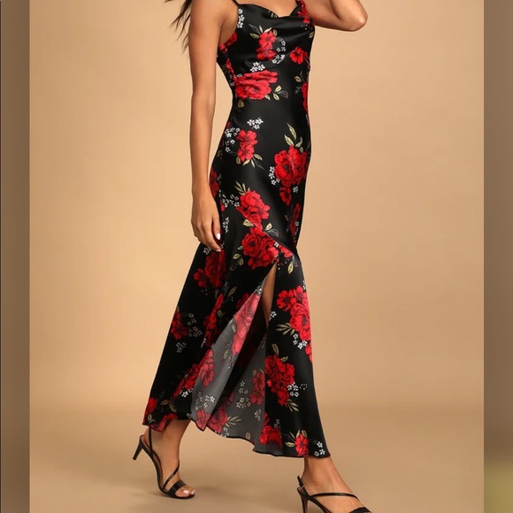 Extra Sultry Black Floral Print Satin Cowl Neck Maxi Dress - Picture 4 of 7